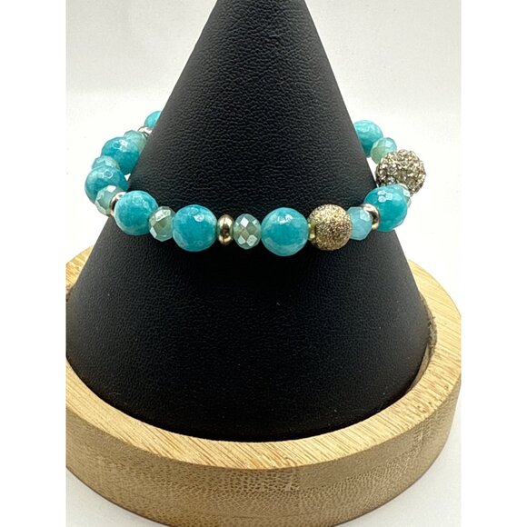 Turquoise Beaded Stretch Bracelet Gold Rhinestone Accent - Picture 3 of 5